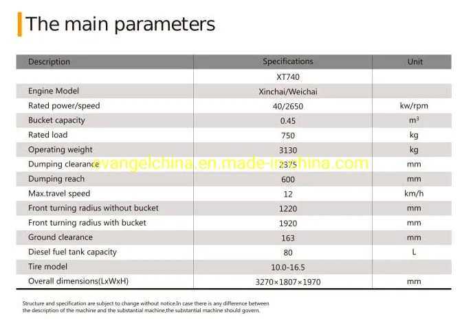 0.45cbm 750kgs Weichai Engine Skid Steer Loader Xt740