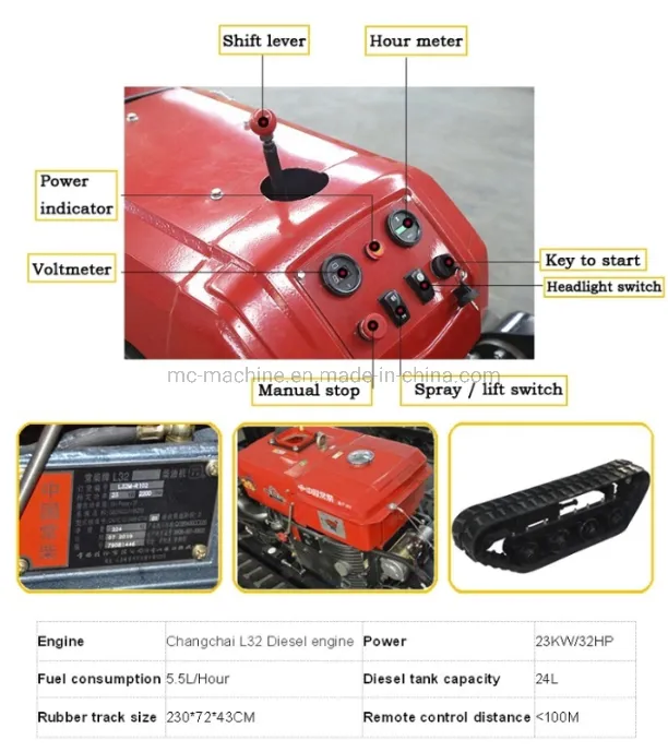 32HP/28HP Diesel Engine Remote-Control Self-Propelled Crawler Orchard Tractor with Rotary Tiller