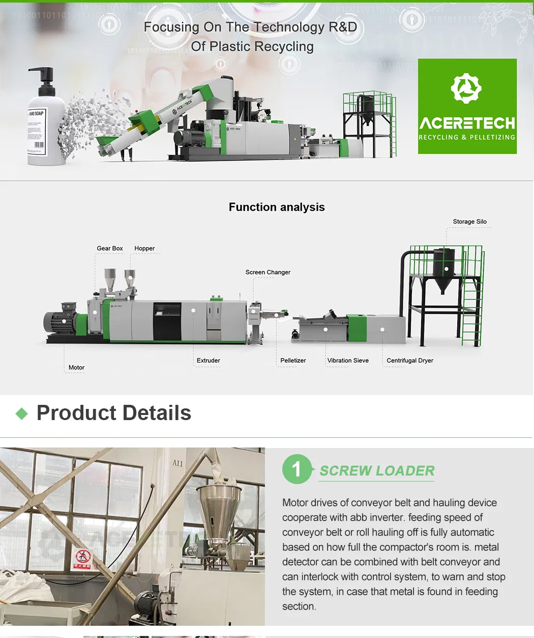 Aceretech Easy to Operate Conical Twin Screw PE PP Woven Bag Recycling Pelletizing Extruder Machine