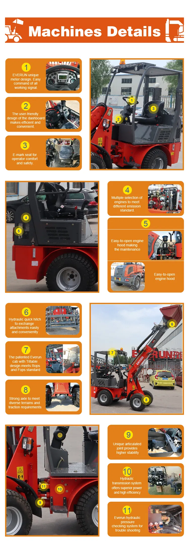 Everun Er1000 1ton CE Hydraulic Tier4 Engine Mini Loader Wheel Loader