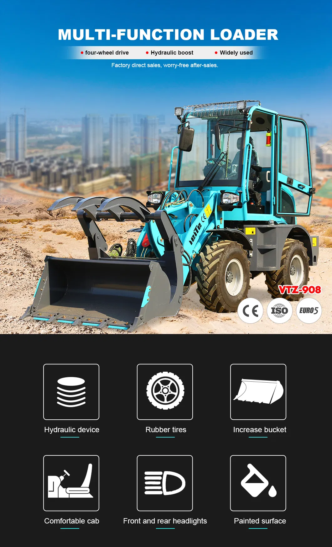 Factory Direct 2 Tons 920 4WD Hydraulic Front Wheel Loader with Snow Blade