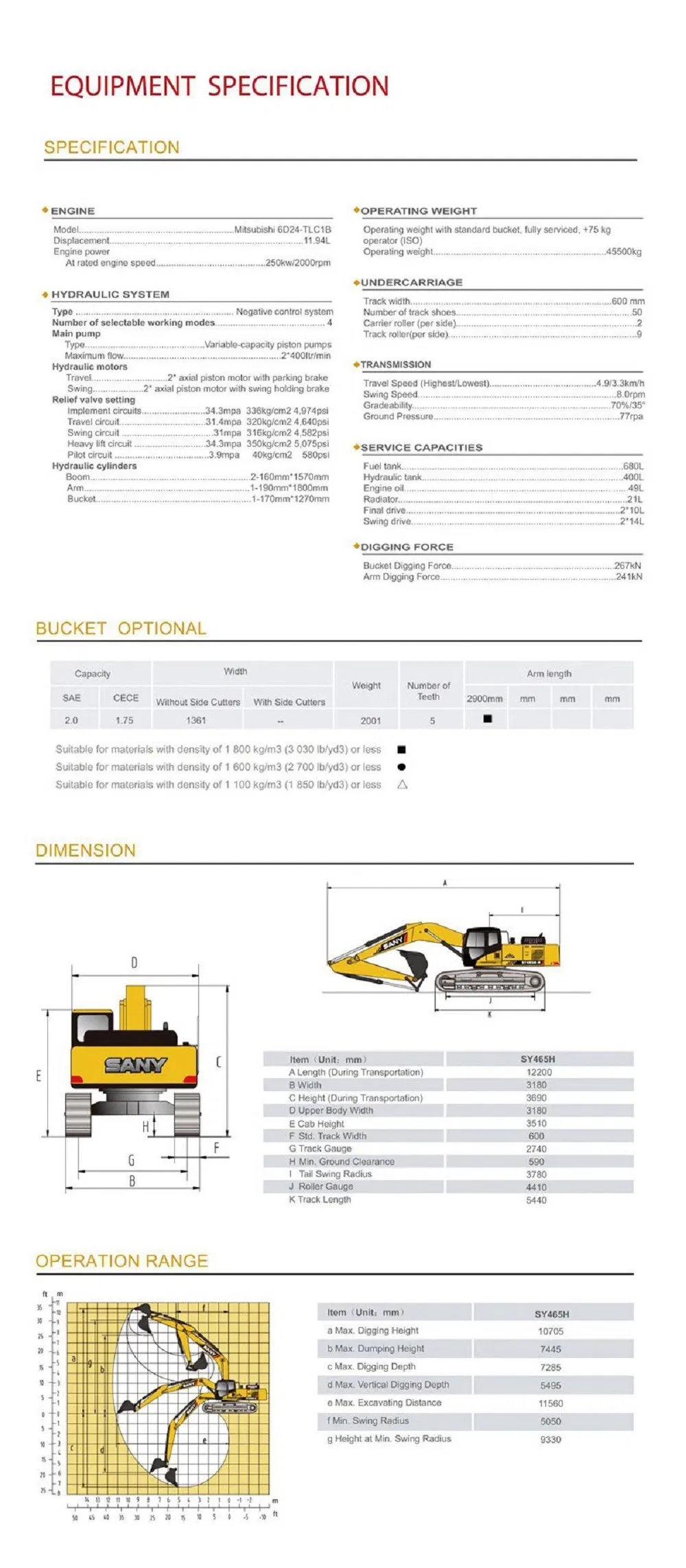 SANY SY465H 46Ton Hydraulic Crawler Excavator Price of Best Excavator