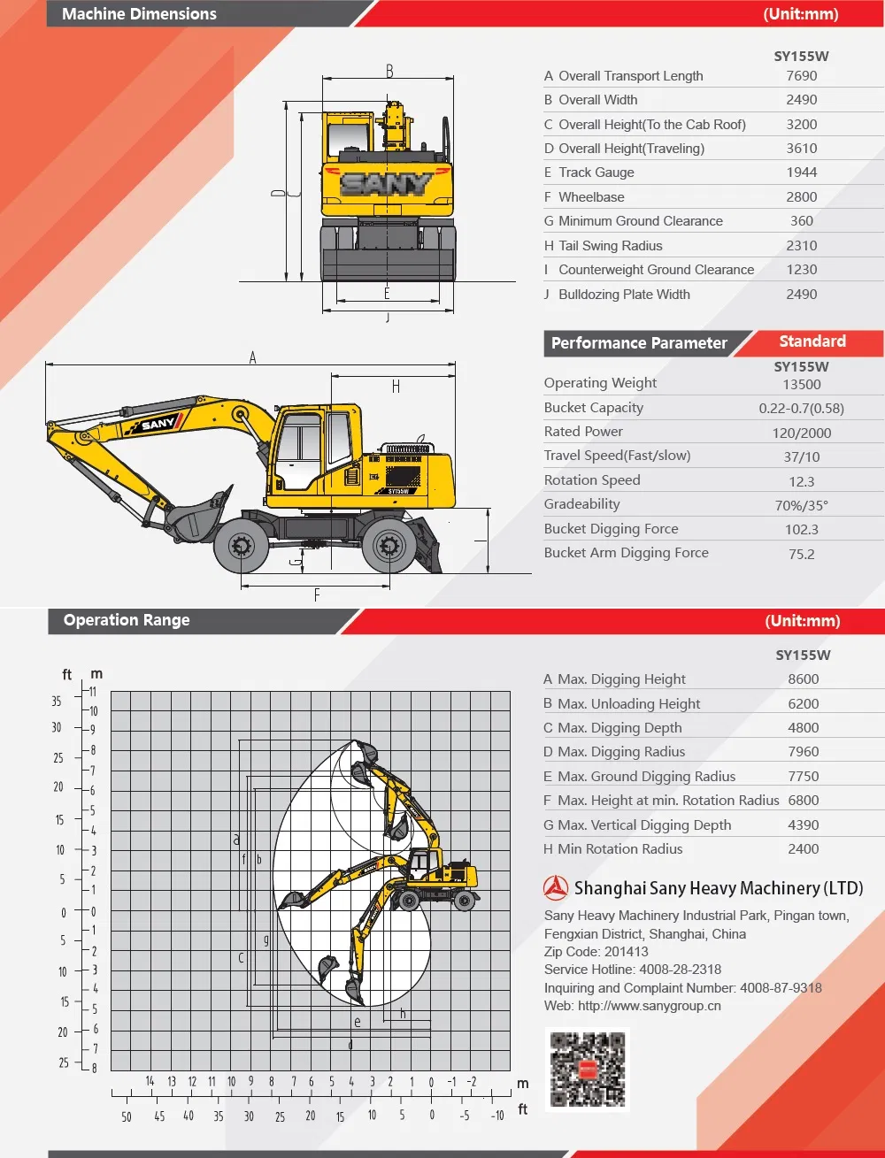 Sany Wheel Excavator Sy155W 15 Tons for Sale in Mauritius